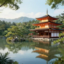 japanese landscape, temple, mountains in distance, lake with japanese creatures in front, digital art, high quality