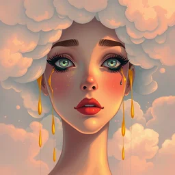 beautiful face, made of clouds, golden tears, dramatic lighting, maximalist pastel color palette, splatter paint, pixar and disney concept, graphic novel by fiona staples and dustin nguyen, peter elson alan bean wangechi mutu, clean cel shaded vector art, on artstation