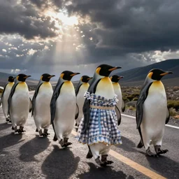 penguins in dresses walking across the road
