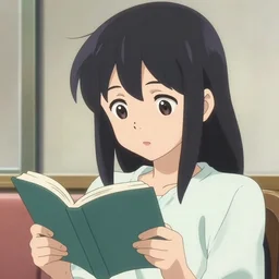 anime visual portrait of a pretty girl reading, film still from anime by [ [ [ yoshitoshi abe, serial experiments lain, haibane renmei, texhnolyze ] ] ], makoto shinkai, crisp and sharp, clear cute face, cel shaded