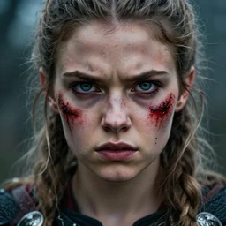 symmetrical photorealistic  photograph of beautiful female teen viking warrior with large angry eyes, bloody, cinematic,