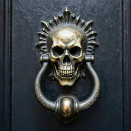a highly intricate ornamental door knocker on a door for an evil skeleton