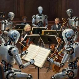 orchestral music played by robots, painted by alan lee, john howe, pixiv, deviantart, artstation illustration, realistic