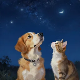 A painting of a dog and a cat staring up at the night sky from https://www.artstation.com/smartist