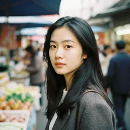 a photograph portrait of a beautiful asian woman staring at the camera, she is in a crowded open market, Kodak film