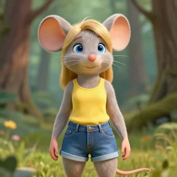 3 d render, portrait, upper body shot, mid shot, anthropomorphic mouse, female, blond furr, blue eyes, wearing denim short shorts and a off yellow tank top shirt, solo, in the style of once upon a forest