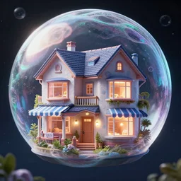 a home built in a huge soap bubble, windows, doors, porches, awnings, middle of space, cyberpunk lights, hyper detail, 8 k, hd, octane rendering, unreal engine, v - ray, full hd