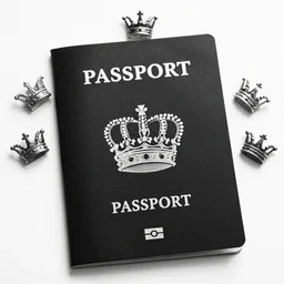 fictional passport with several small crowns surrounding a large crown, black and white photography