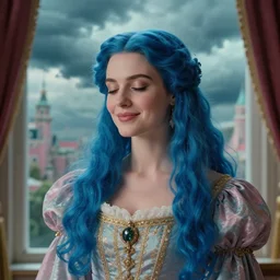 close up portrait in front of window of queen, vibing, regal dress, soft smile, blue long haired elegant model, female, eyes closed, by greg rutkowski, storm clouds, in fantasy city, teal and pink color palette, annie liebovitz, preraphaelite, detailed c