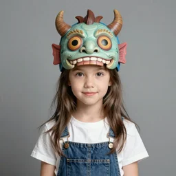 tender portrait of a young girl with a monster mask head and jean overalls, portrait illustration, trending on artstation, characterdesign, sharp focus, illustration, digital matte painting, art by greg rutkowski