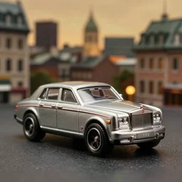 3 5 mm photo of metallic 1 9 9 9 rolls royce boat tail, like hot wheels model, with a blur montreal city as background, golden ratio, dramatic lighting, medium shot, shallow depth of field, 8 k, epic cinematic, epic lighting