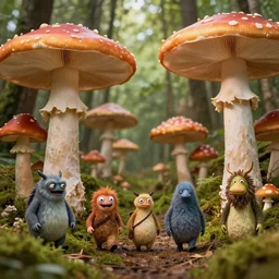 different weird creatures are walking in a forest of giant mushrooms, detailed professional photo