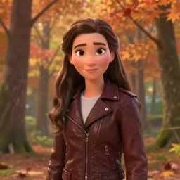 princess - like young adult woman in a leather jacket in a maple forest, disney pixar movie frame, high detail, natural light, ray tracing, trending on artstation, 4 k ultra hd blu ray