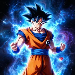 son goku!! electricity, blue energy, highly detailed, high contrast, light reflection, trippy, nebula, trending on art station by carl barks