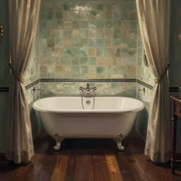 a painting of a romantic 1 9 2 0's bathroom, one antique white clawfoot bathtub, curtains, dark wooden floor, cinematic light, first - person view, by joseph todorovitch