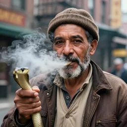 closeup portrait of a snake oil salesman in a smoky new york back street, photography, magazine, press, photo