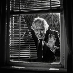 a photo taken from the inside of an old house with window blinds being pulled back to reveal a terrifying boris johnson with his face pressed against the window with his hand on the window and a horrifying grin. horror, black and white, raining, night time