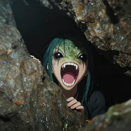 photo inside a cavern of a wet reptilian humanoid rapper anime girl partially hidden behind a rock with black eyes open mouth and big teeth