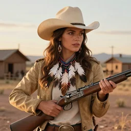 the rifle, a gorgeous woman, a native American feather scarf, beige cowgirl hat, western jacket holding a Remington rifle and a bokeh western desert town background at sunset, highly detailed, concept art, hard light digital painting, artstation, concept art, sharp focus, illustration, inspired by greg rutkowski and Frederic Remington