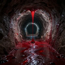 tunnel dropping blood, slime floor, photorealistic, volumetric cinematic, hyper realism