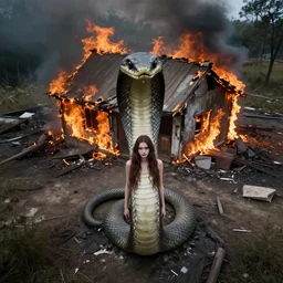 drone picture of disaster girl the great serpent standing in front of burning house looking at camera by croxot