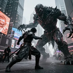 A Dark Souls character fighting a scary monster in Times Square