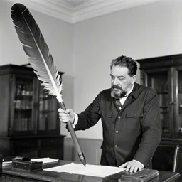 black and white photograph from the early 1 9 0 0 s of fidel castro signing the declaration of independence with a ( ( ( giant!!!!! massive!!!!! abnormally large 5 0 foot tall quill!!!!! ) ) ), wooden furniture out of focus in the background, high quality, hyperdetailed