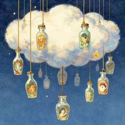 jars dangling from a cloud, symphony of happiness, illustration by james jean, influenced by art nouveau