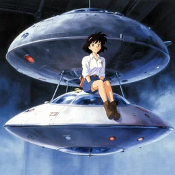 a film still of a 1 9 5 0's mechanic anime girl sitting on top of flying ufo landing in hangar of giant ufo spaceship, full body mid shot, perfect art, trending on pixiv fanbox, painted by gaston bussiere, makoto shinkai, akihiko yoshida, gaston bussiere, craig mullins