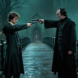 harry potter and voldemort pointing guns at each other on a bridge, moody lighting, dark, expressive, realistic, 4 k, realism
