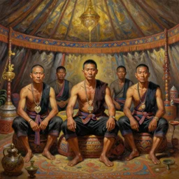 portrait of smart tai warlords sit in tai ethnic group traditional tent, tai interior decoration, oil painting, fantasy, detailed and intricate environment
