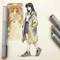 a copic maker sketch of a tewardess girl wearing yeezy 5 0 0 sneakers and anorak inspired by kikyo's clothing by john berkey by stanley artgerm lau, greg rutkowski, thomas kinkade, alphonse mucha, loish, norman rockwell