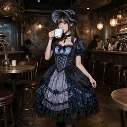 full body portrait photo of reol wearing a elegant gothic dress, open top, wearing a chocker and cute hat, drinking coffee in a ( ( busy ) ) steampunk cafe interior, dim studio lighting, at night, ( ( photograph ) ), moody, realistic, detailed, low light, skin tinted a warm tone, light blue filter