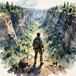 pov shot, standing on a cliff and looking into a huge canyon filled with beautiful forest, game fallout 4 style, rubbing alcohol watercolor, hyper detailed, high contrast