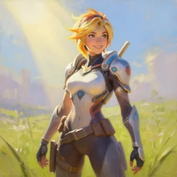 oil painting of tracer from the game overwatch, standing in grassy field, smiling while the sun shines down, feminine face, light rays, radiant quality, 4 k, brush strokes,