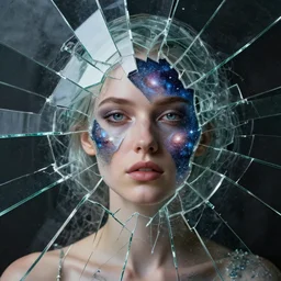 a realistic detailed portrait of a woman made of shattered glasses, reflection of galaxies, photorealistic,