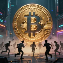 people running scared from a giant bitcoin head, cyberpunk art, hyper-realistic, 4k