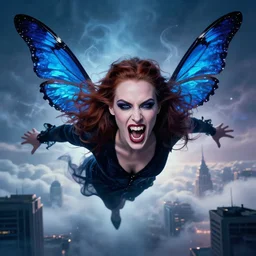 hyperrealistic portrait of a amber heard as a vampire fangs scream witch flying dutch angle, sapphire butterflies symmetric wings, mystic fog smoke, above the clouds skyscrapers. by jeremy mann, alma tadema, bouguereau, fantasy art, photo realistic, dynamic lighting, artstation, poster, volumetric lighting, highly detailed face, 4 k, award winning