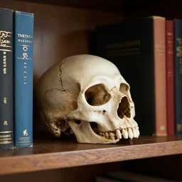 a raven skull on a bookshelf
