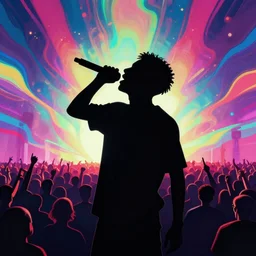 arm holding microphone up to mouth, silhouette, huge crowd, outrun, hip hop, simple shapes, psychedelic light show, trending on Artstation, professional artist, detailed, 4k