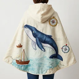 wearing a cape with a map of the sea on it. humpback. whales sewn on. compass stitched. boats. fabric. poncho.