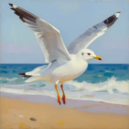 seagull, beach, painting, fine art, hard edge painting, tonal colors, polychromatic - colors, by richard dadd