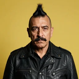 front medium portrait of a middle - aged mexican man with a mohawk haircut, moustache, wearing a leather jacket, yellow background, rembrandt lighting, by kehinde wiley, magritte, norman rockwell