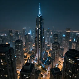sci - fi dystopia cityscape at midnight, view from a futuristic skyscraper