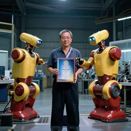 award winning photo of robots in an art factory, dramatic lighting, 4 k