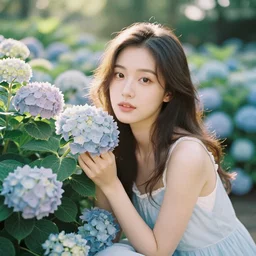 photograph of a beautiful!!! woman in a hydrangea garden! by mark owen. pastel colors. portra 4 0 0 film. mamiya 7. highly detailed. hq. photoreal. golden hour. raw. in - frame