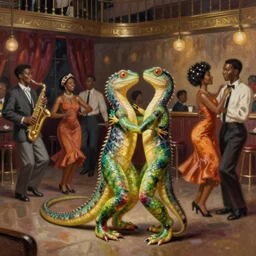 Reptilian debutantes from another planet visit a jazz nightclub in Harlem in 1946 and dance with the African-American dancers, an epic painting, volumetric lighting, intricate, elegant, highly detailed, digital painting, artstation, concept art, smooth, sharp focus, art by Mort Kunstler