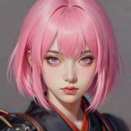 painting by krenz cushart!!, portrait of a samurai girl with pink short hair, finely detailed features, intricate brush strokes, beautiful lighting, trending on pixiv fanbox.
