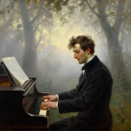 an impressively euphoric 1 8 0 0 s romanticism - inspired oil painting depicting a man playing a piano underneath a foggy tree line at dawn inspired by liberty leading the people