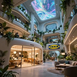 very wide cinematic shot inside a scifi epic scale capsule hotel as ikea ad, modern lush condo as shopfront, terrarium lounge area, very tall cathedral ceiling with holographic sky art, detailed archviz render, archdaily, scifi artstation concept, comfy lighting, star citizen, fine details, unreal engine, hyperrealism, realistic shading, blender render
